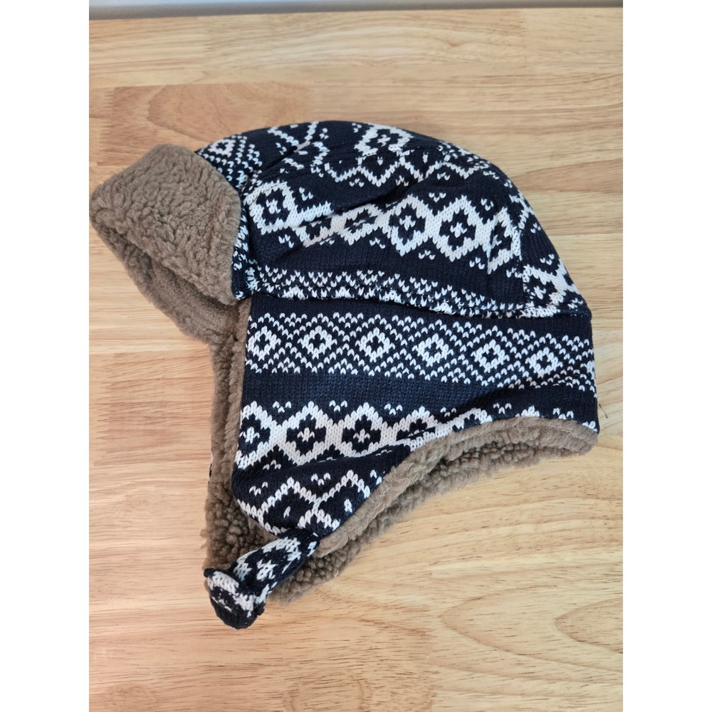 OshKosh B'gosh Kids Navy White Fair Isle Trapper Hat Faux Fur Lining Size 8-14